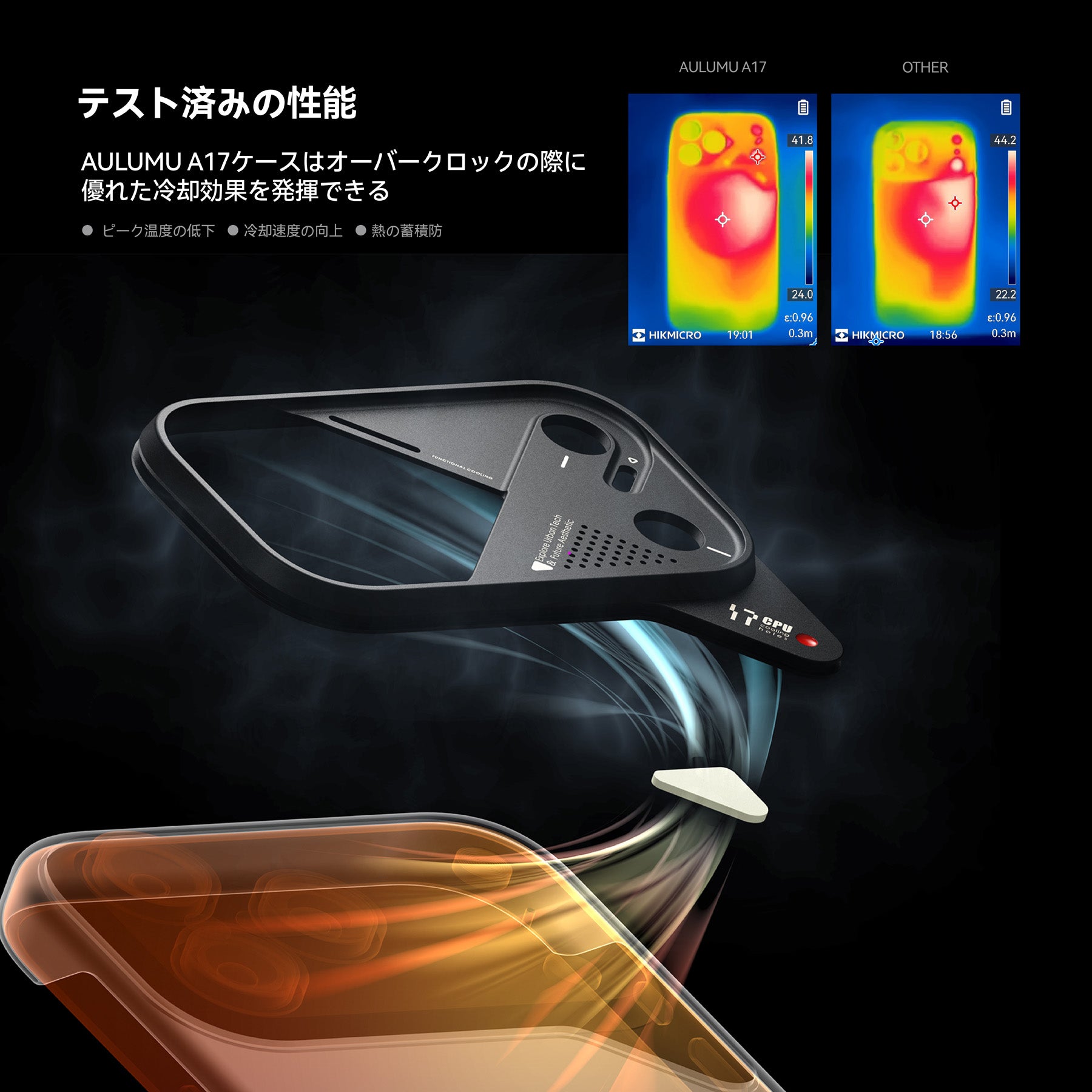 サーモグラフィ比較で他社ケースとの温度差を示す、AULUMU A17フロストケースの冷却性能テスト結果画像
