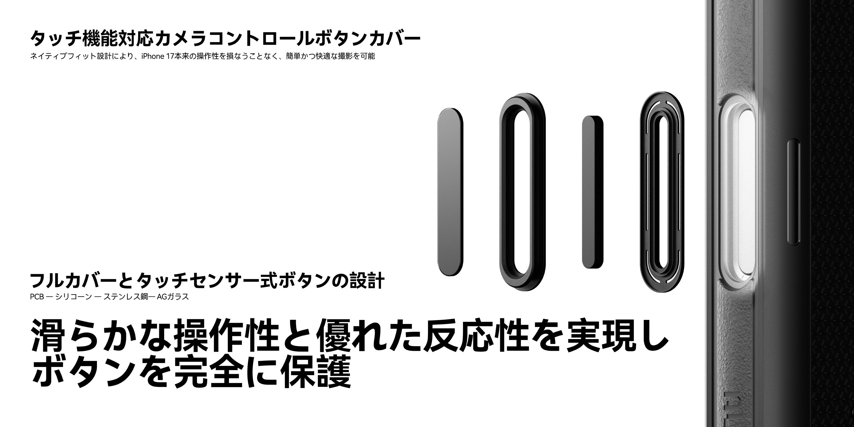 タッチセンサー対応フルカバー式カメラコントロールボタンを備えた AULUMU A17 ケースの構造イメージ