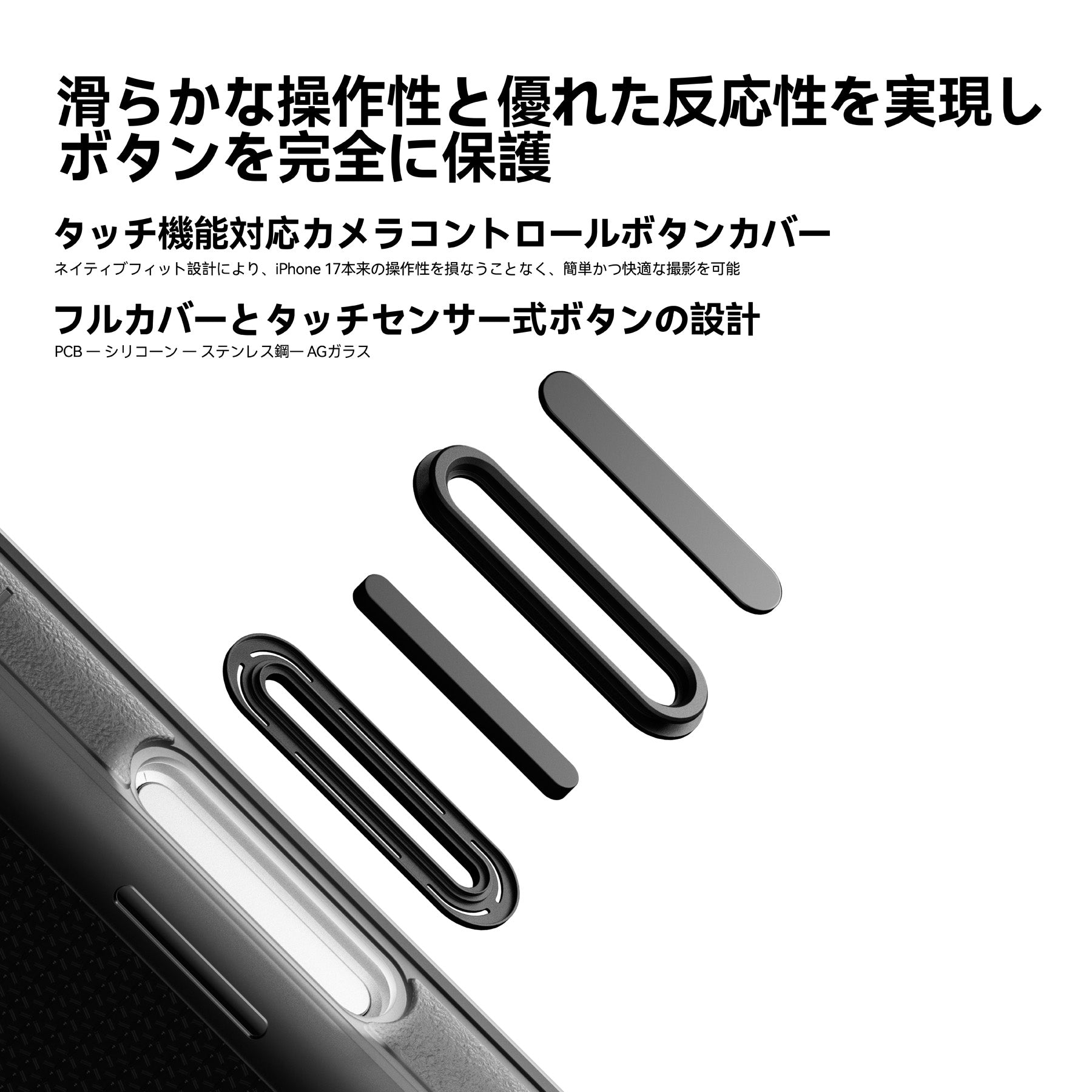 タッチセンサー対応フルカバー式カメラコントロールボタンを備えた AULUMU A17 ケースの構造イメージ