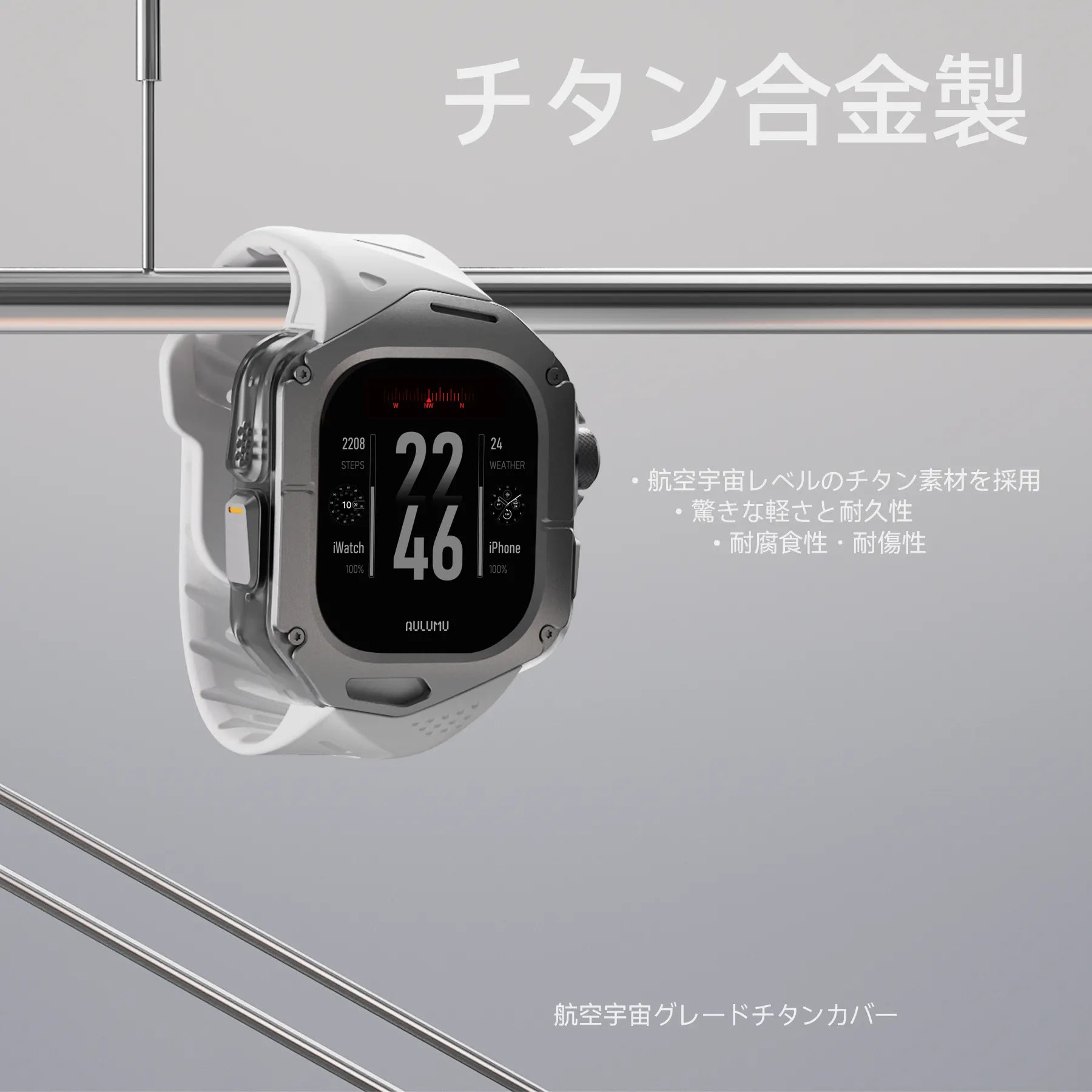 チタン合金カバーとFKMバンドを装着した AULUMU A01 Apple Watch Ultra 用ケース 航空宇宙グレードチタン素材の装着イメージ