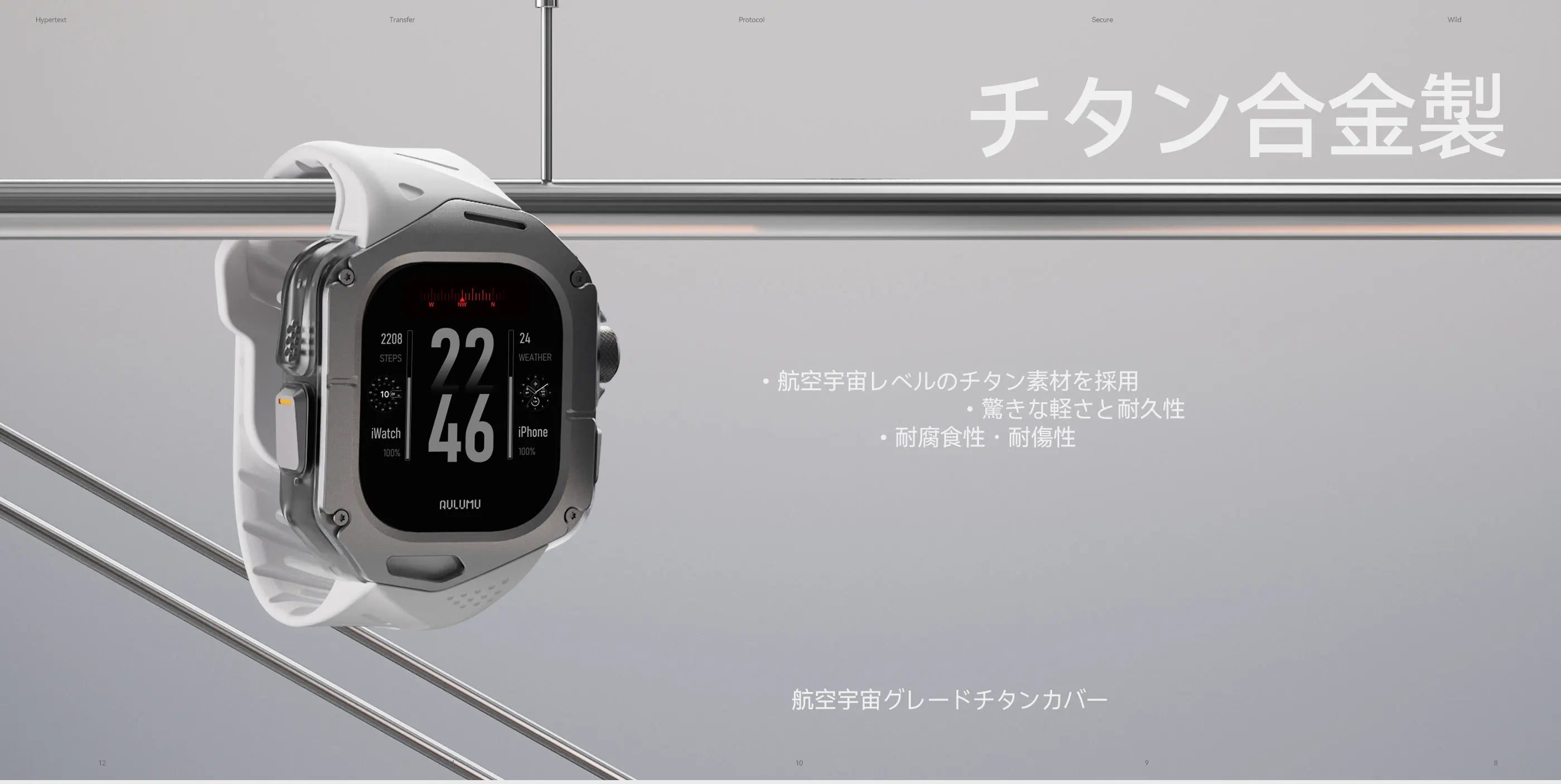 チタン合金カバーとFKMバンドを装着した AULUMU A01 Apple Watch Ultra 用ケース 航空宇宙グレードチタン素材の装着イメージ
