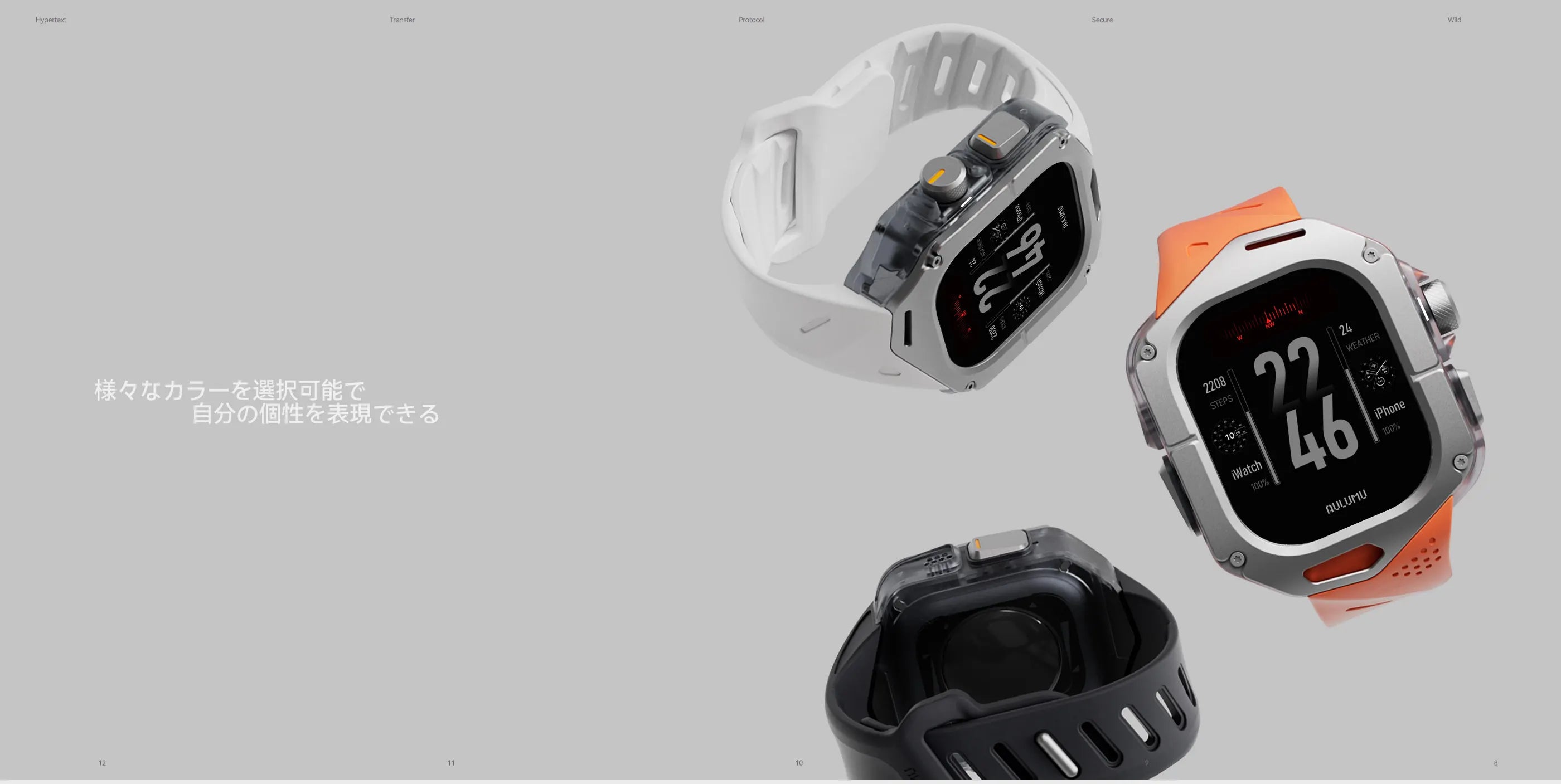 ホワイト・オレンジ・ブラックのバンドカラーを組み合わせた AULUMU A01 Apple Watch Ultra 用ケース 3色の着用イメージ