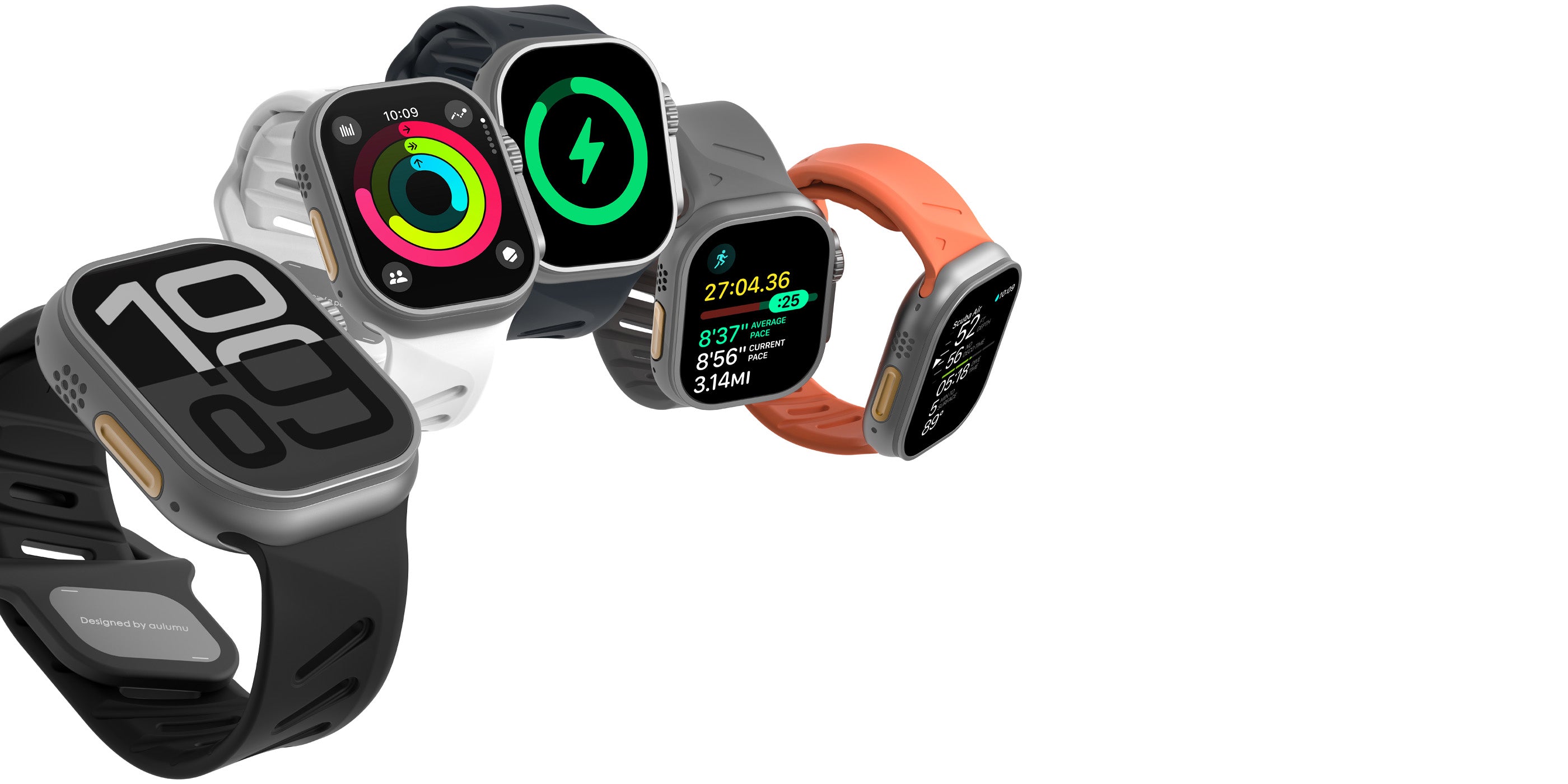 aulumu A02 Apple Watch用オフビートスポーツバンド 5色の新デザインカラーを装着したApple Watchイメージ