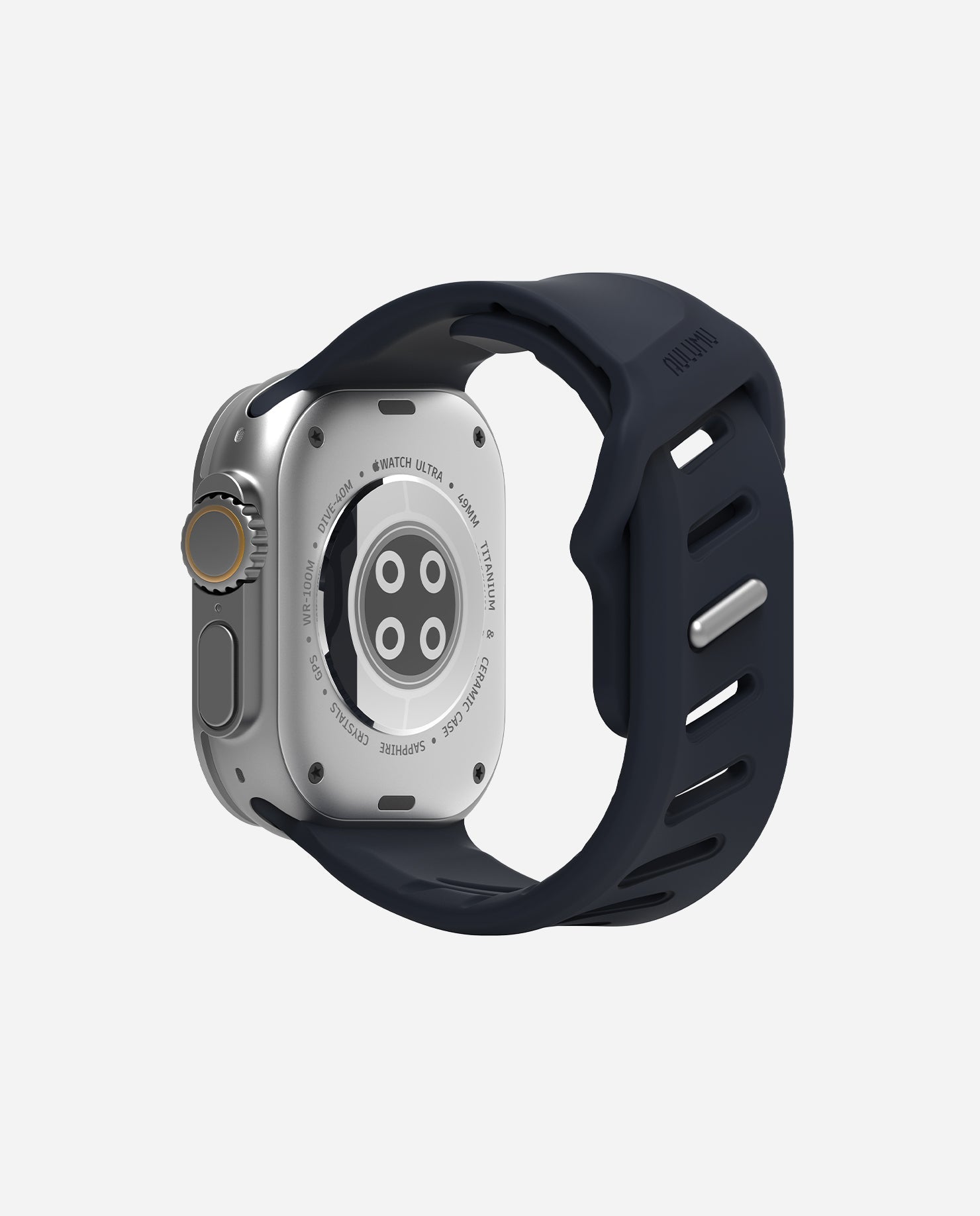 aulumu A02 Apple Watch用オフビートスポーツバンド ダークブルー 裏側から見たApple Watch Ultra しっかり固定できるクロージャーとフィット感を強調