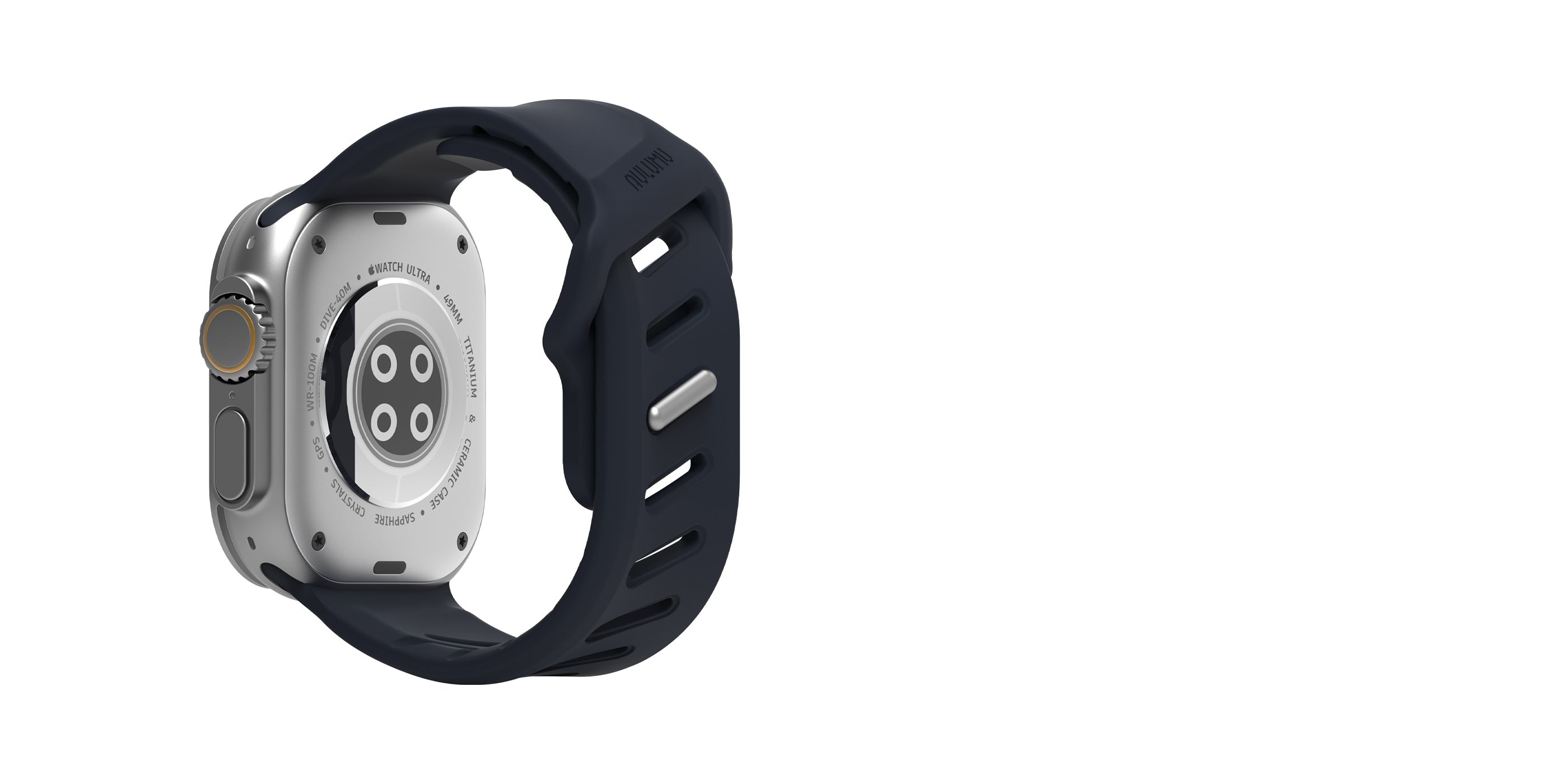 aulumu A02 Apple Watch用オフビートスポーツバンド ダークブルー 裏側から見たApple Watch Ultra しっかり固定できるクロージャーとフィット感を強調