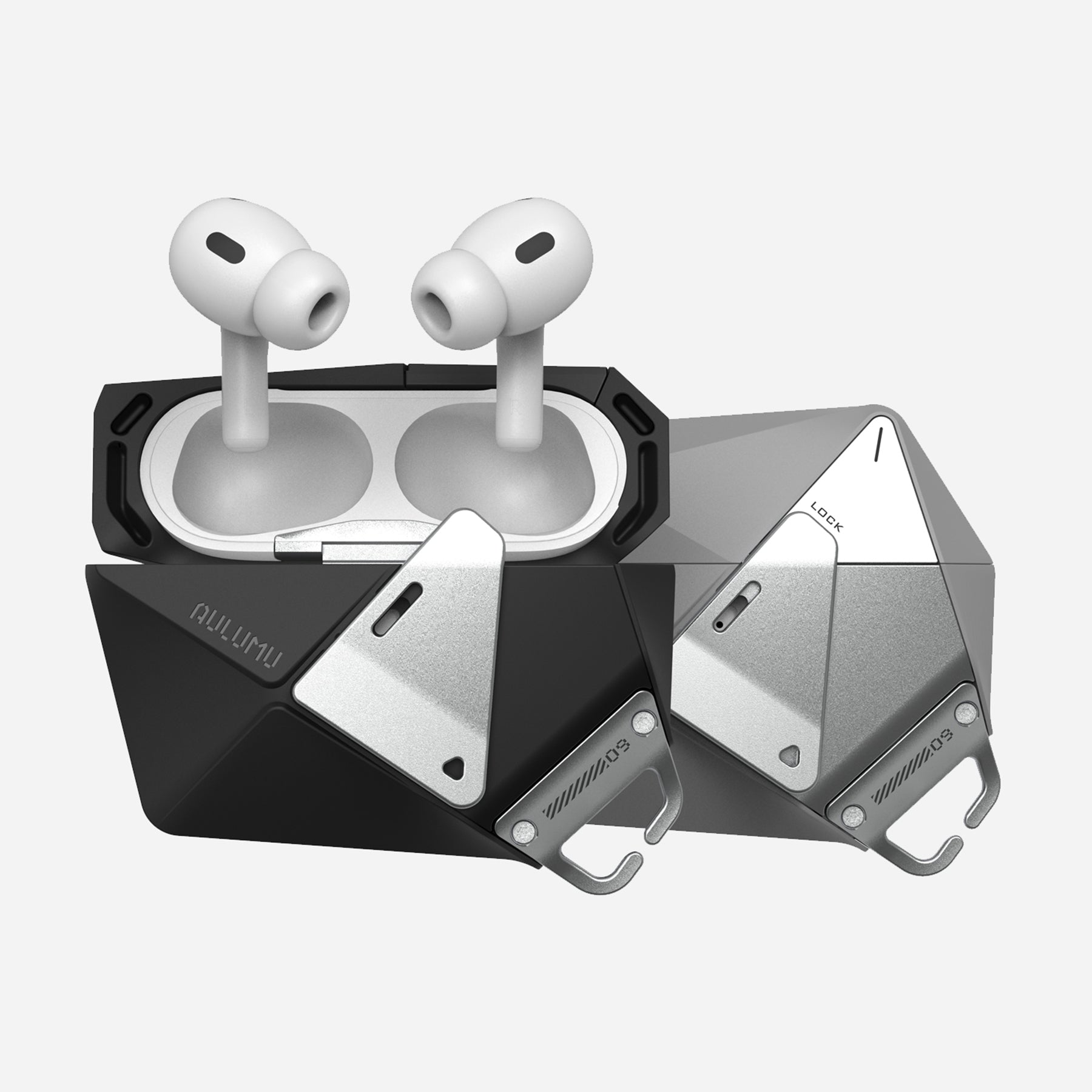 aulumu A09 AirPods Pro用ジオメトリックケース ブラックとシルバーの2色 イアホンを収納した状態と亜鉛合金ロックカバーを閉じた状態を並べたイメージ