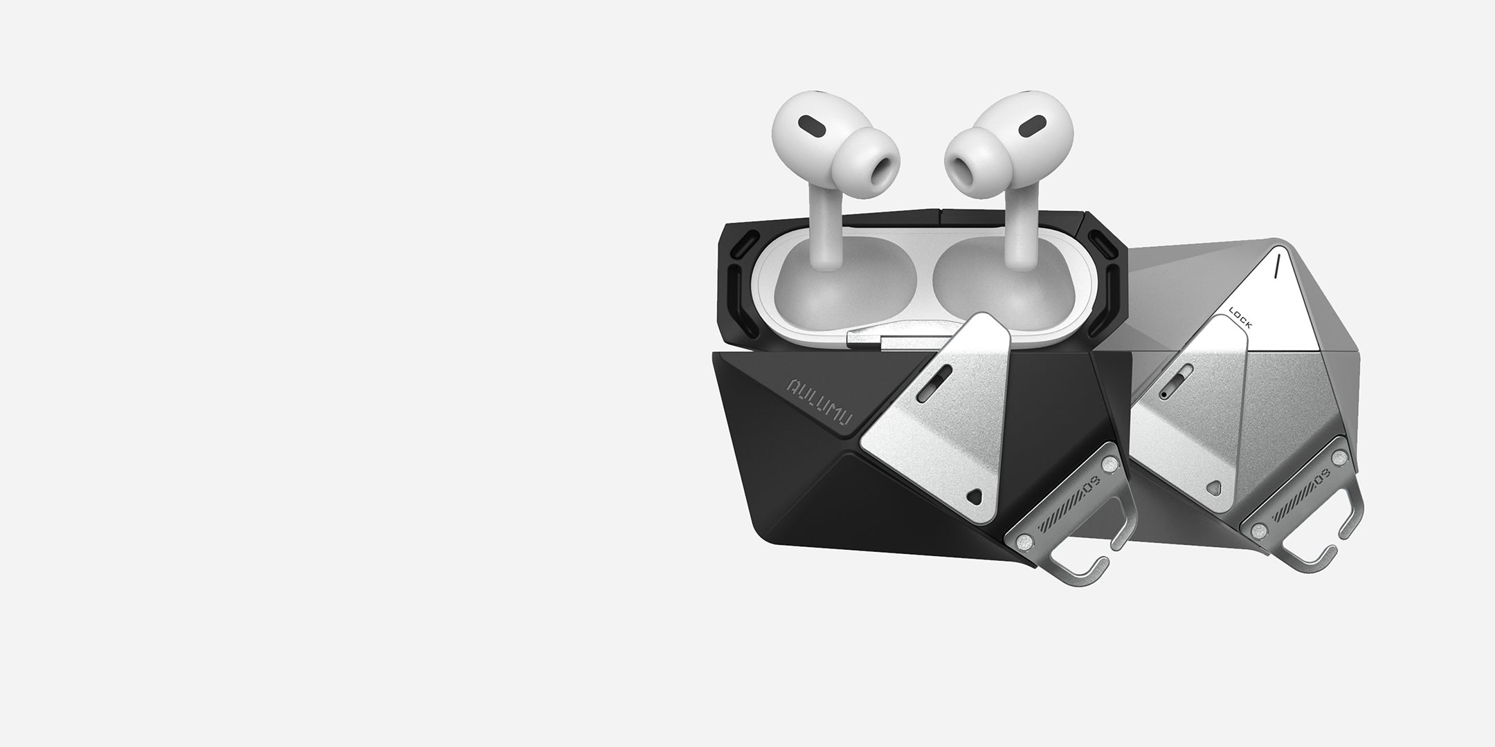 aulumu A09 AirPods Pro用ジオメトリックケース ブラックとシルバーの2色 イアホンを収納した状態と亜鉛合金ロックカバーを閉じた状態を並べたイメージ