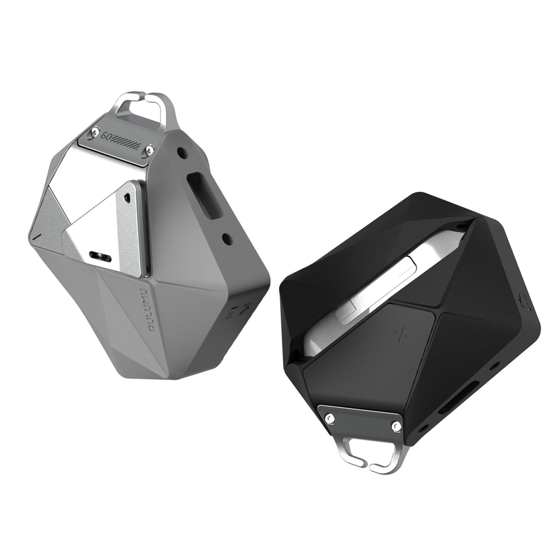 aulumu A09 AirPods Pro用ジオメトリックケース グレーとブラックのクローズアップ 人間工学に基づいた多面体フォルムと押しやすいロックボタン付きデザイン