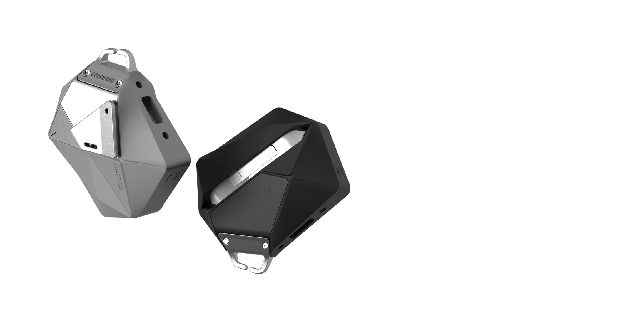 aulumu A09 AirPods Pro用ジオメトリックケース グレーとブラックのクローズアップ 人間工学に基づいた多面体フォルムと押しやすいロックボタン付きデザイン