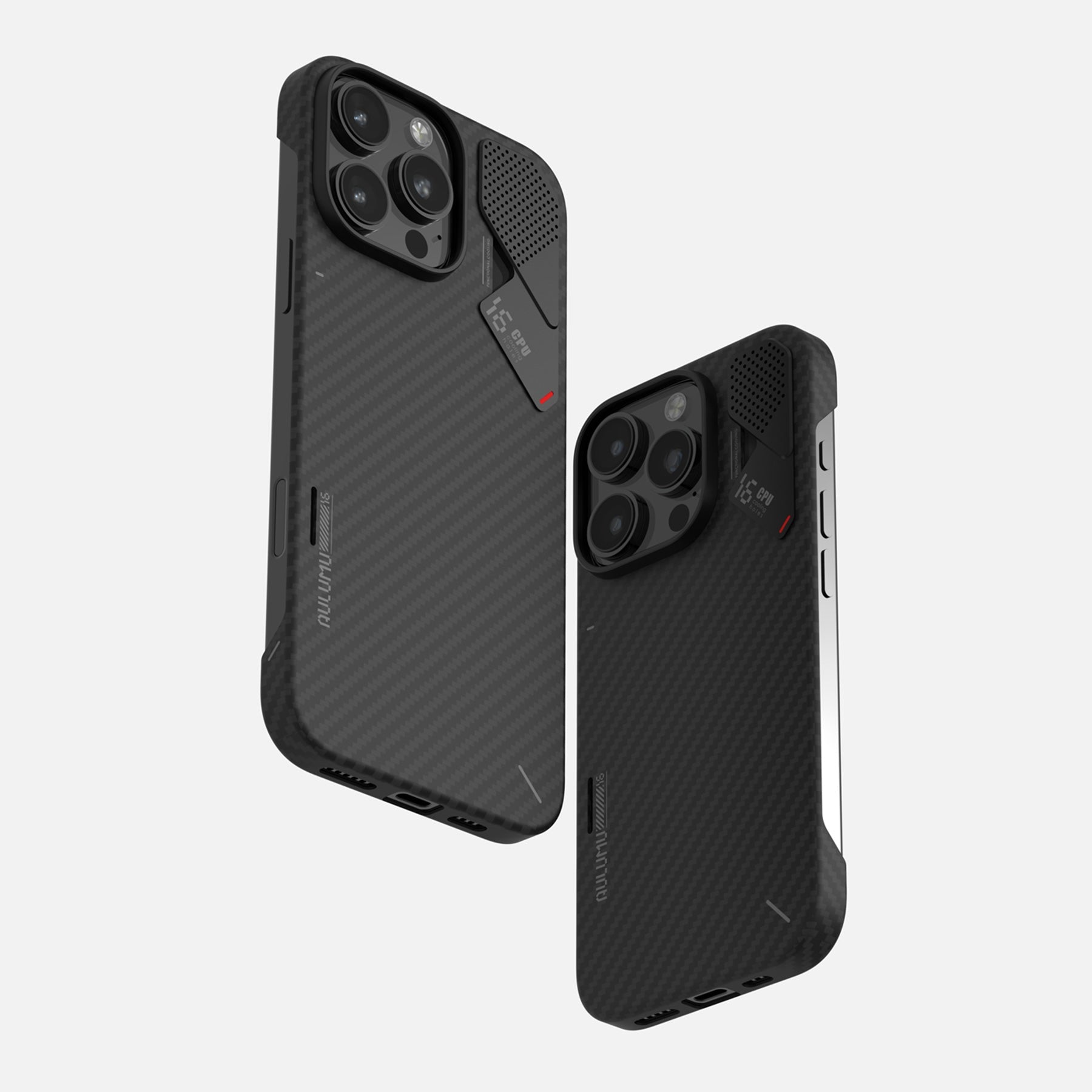 AULUMU A16 アラミド繊維ケース（iPhone 16 Proシリーズ対応）、カーボン調の質感とカメラ周りデザインを2角度で表示