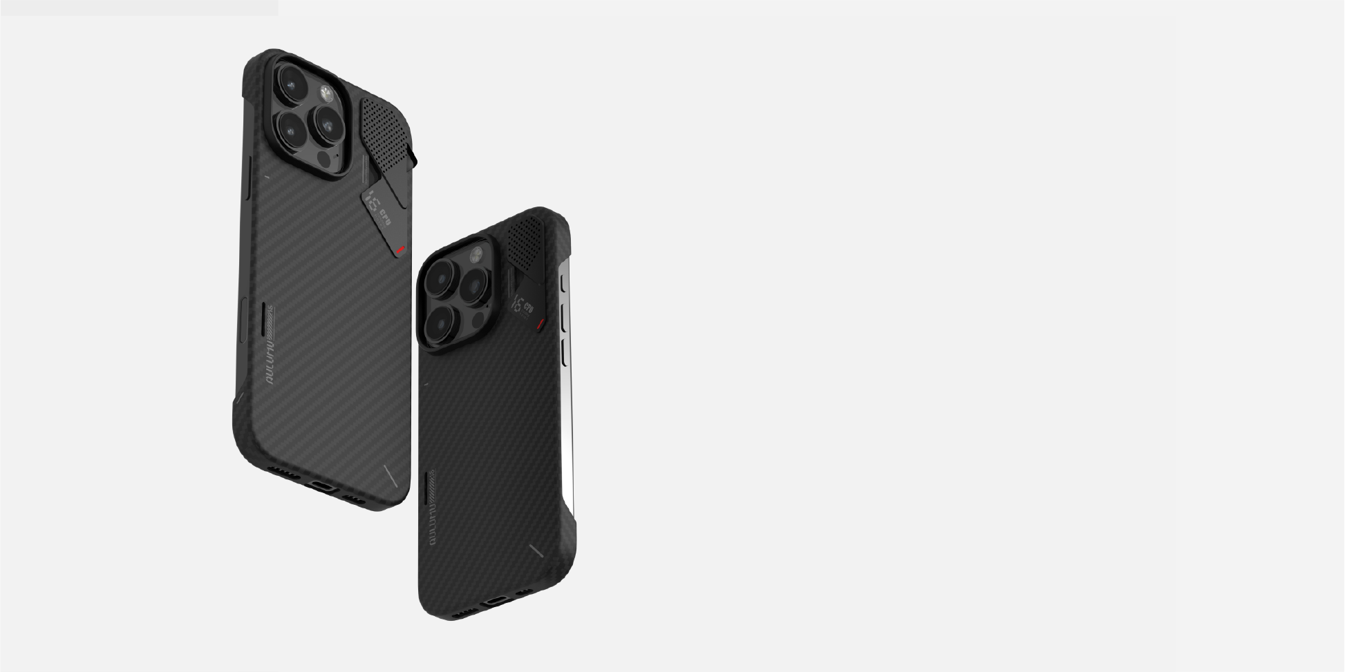 AULUMU A16 アラミド繊維ケース（iPhone 16 Proシリーズ対応）、カーボン調の質感とカメラ周りデザインを2角度で表示