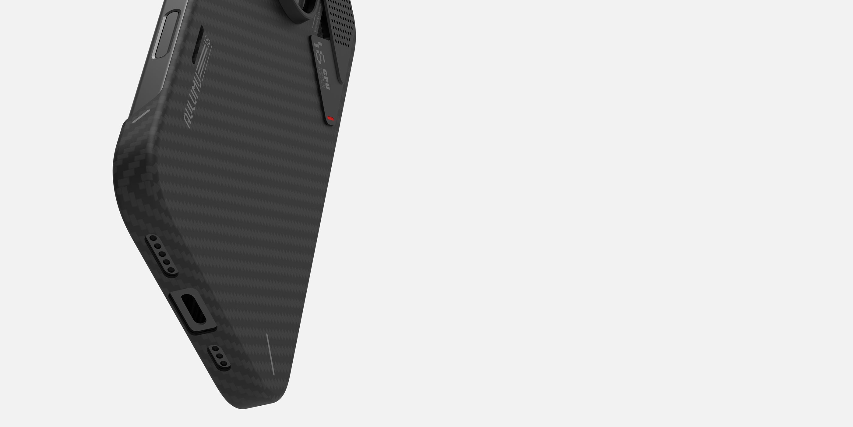 AULUMU A16 アラミド繊維ケース、充電ポートとスピーカー開口部・ボタン周辺の精密設計を表示