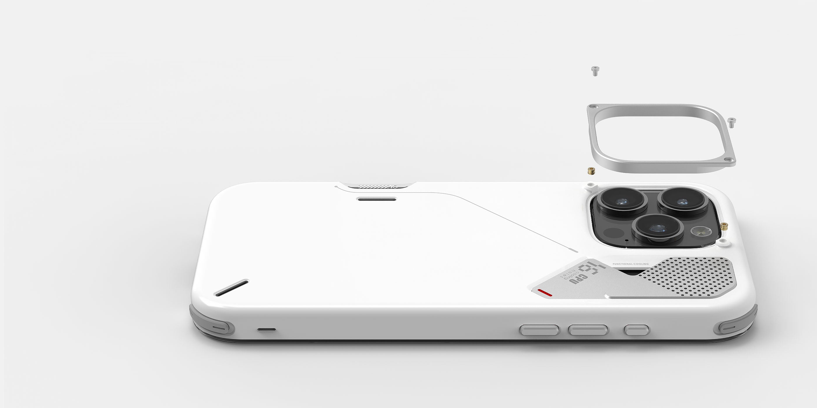 高品質な金属ボタンとアルミ合金カメラ保護リングを備えた A16 スリム耐衝撃 iPhone ケースの背面と分解図