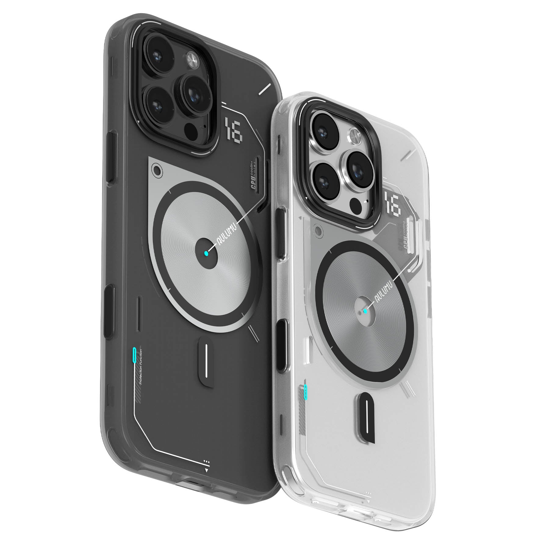 最新版カメラコントロールカバー付きの A16 フロステッドケース（グレーとホワイト）を装着した iPhone 16 Pro を並べた商品イメージ