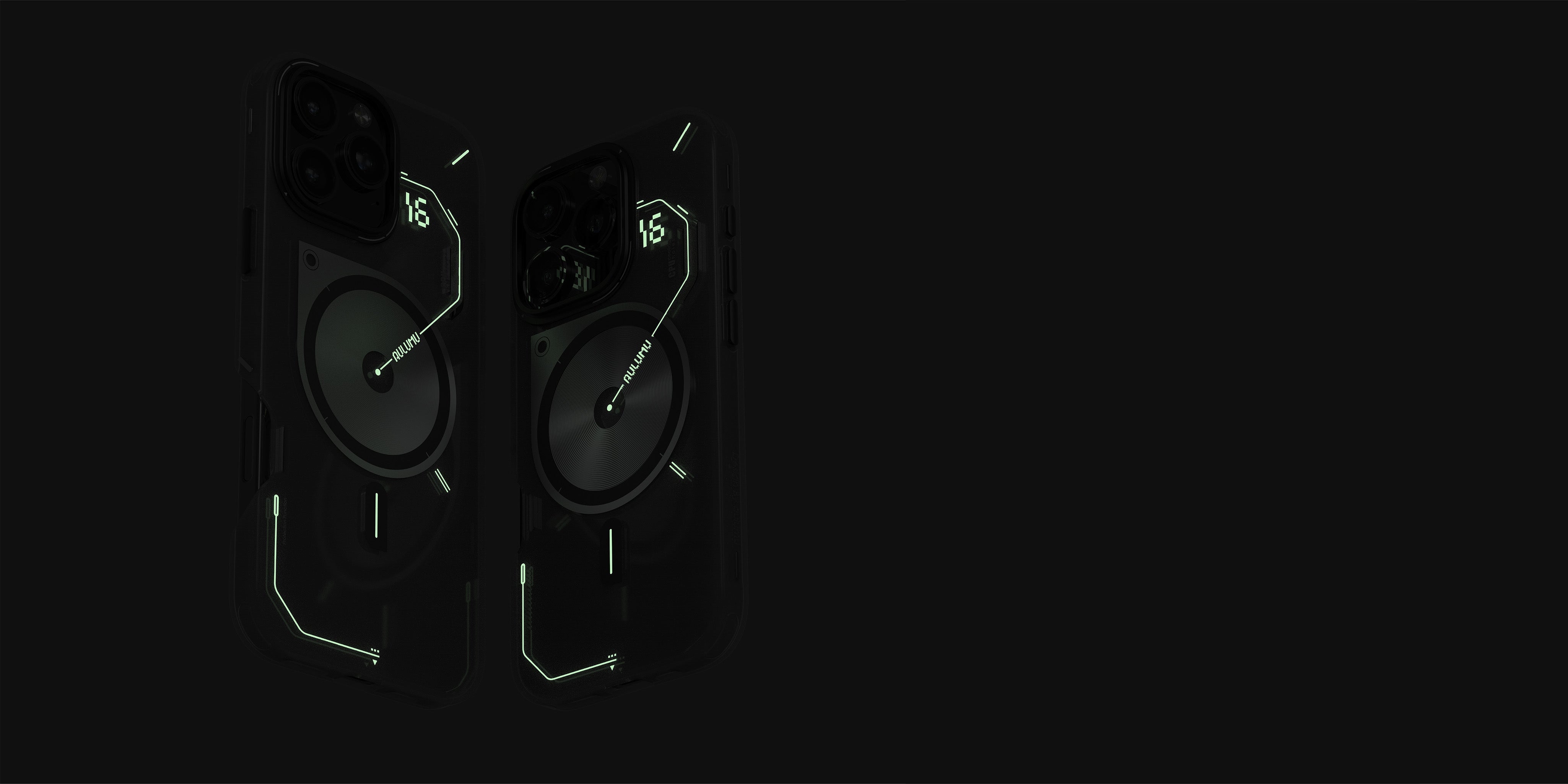 暗所で蓄光ラインがほのかに光る A16 フロステッドケースのブラックモデルとホワイトモデルを並べた夜光効果イメージ