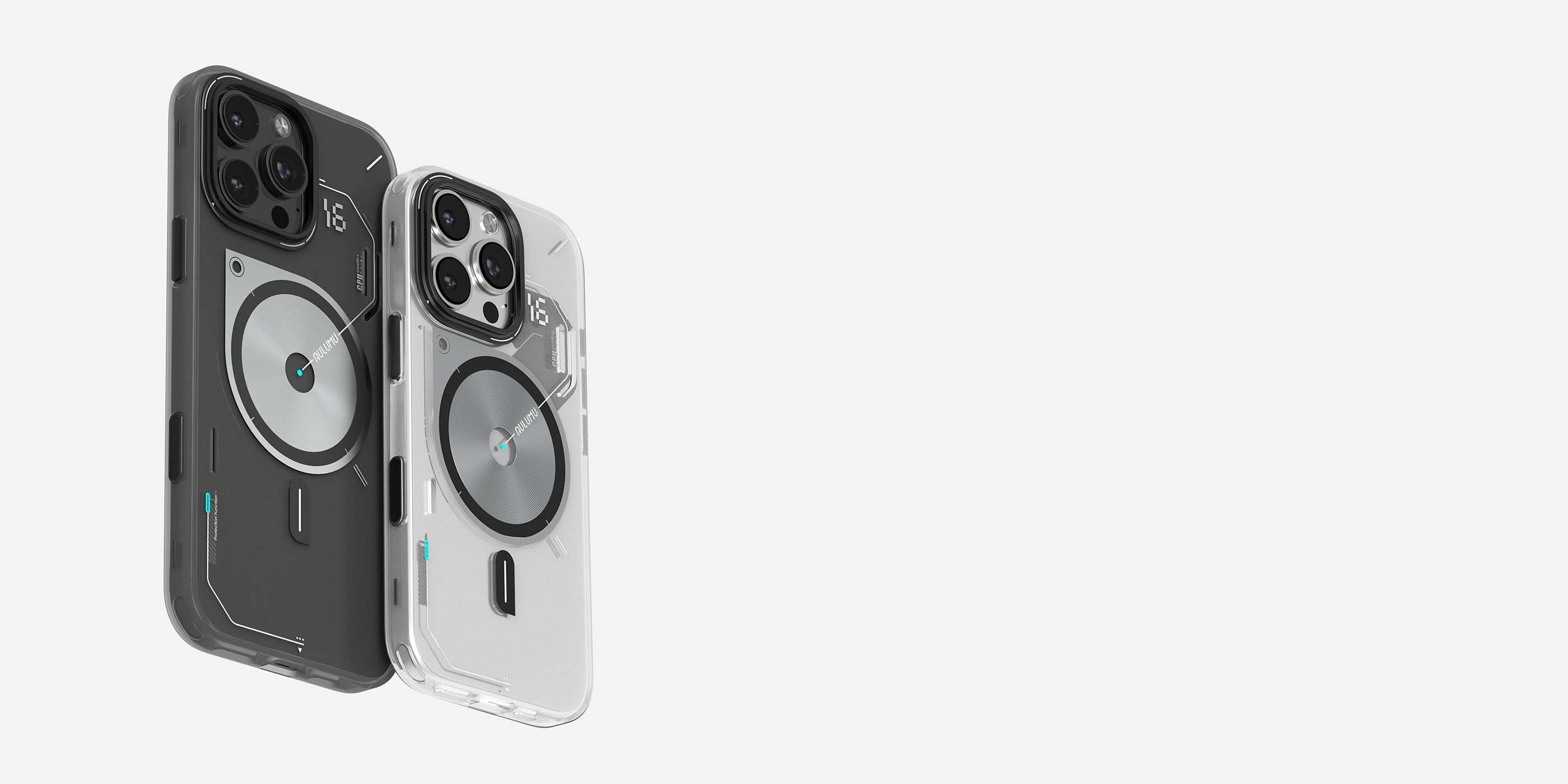 最新版カメラコントロールカバー付きの A16 フロステッドケース（グレーとホワイト）を装着した iPhone 16 Pro を並べた商品イメージ