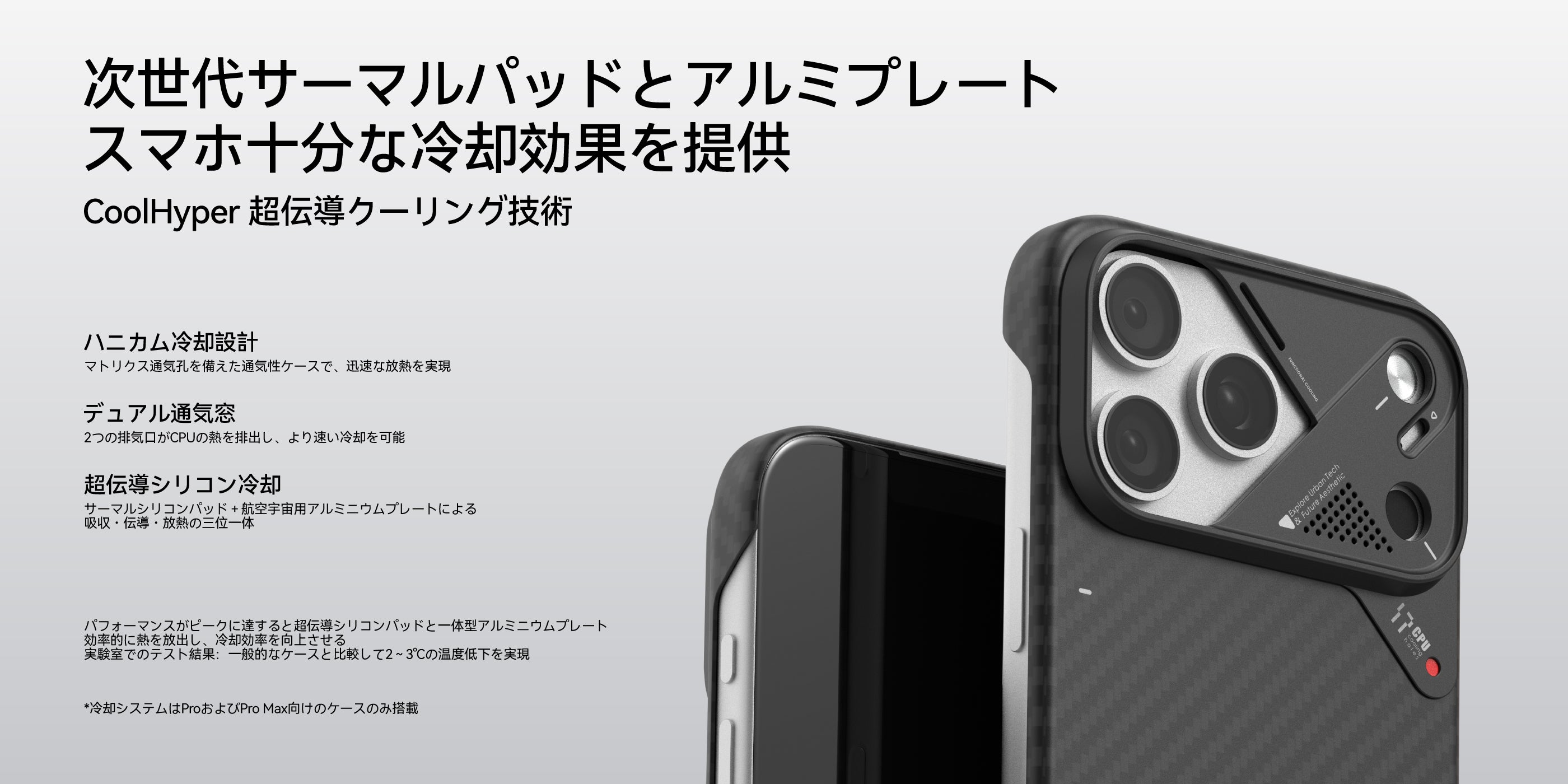 AULUMU A17 アラミド繊維ケース iPhone 17 Pro／Pro Max 用 クールハイパー超伝導冷却構造 ハニカム通気孔とデュアル排気窓の説明ビジュアル