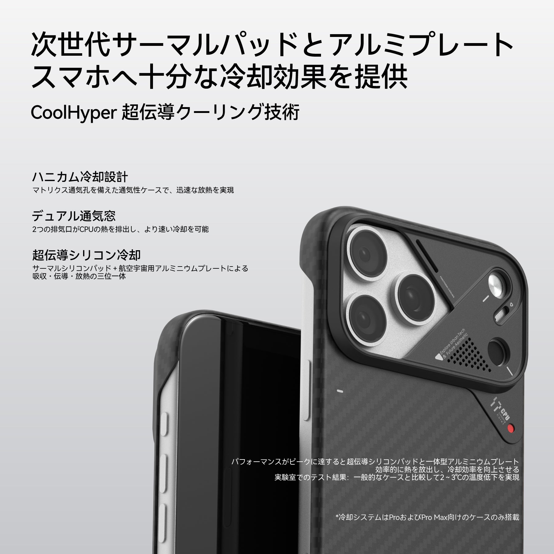 AULUMU A17 アラミド繊維ケース iPhone 17 Pro／Pro Max 用 クールハイパー超伝導冷却構造 ハニカム通気孔とデュアル排気窓の説明ビジュアル