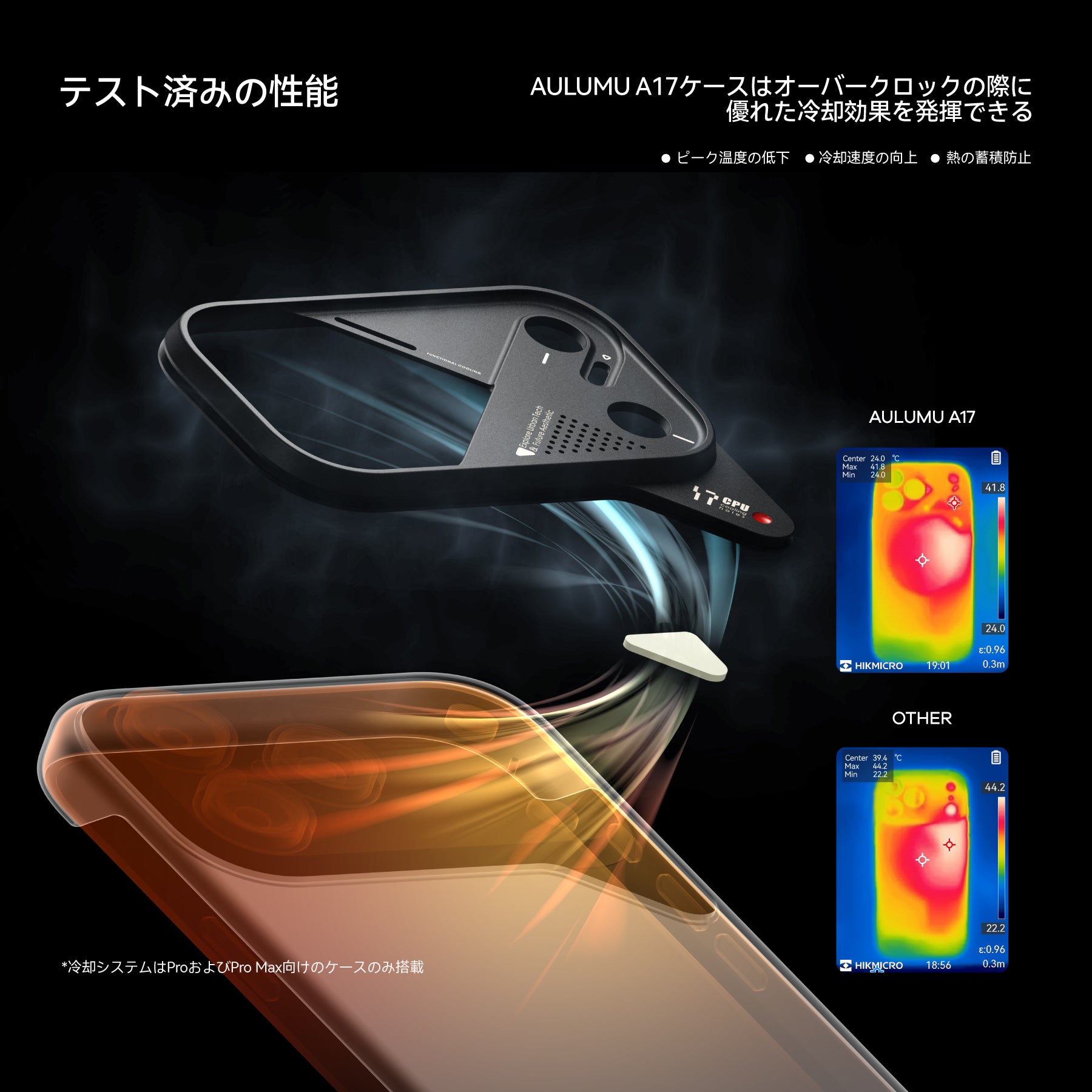 AULUMU A17 iPhone 17 Pro ケース 冷却テスト結果 比較サーモグラフィー付き 高効率クーリング性能イメージ