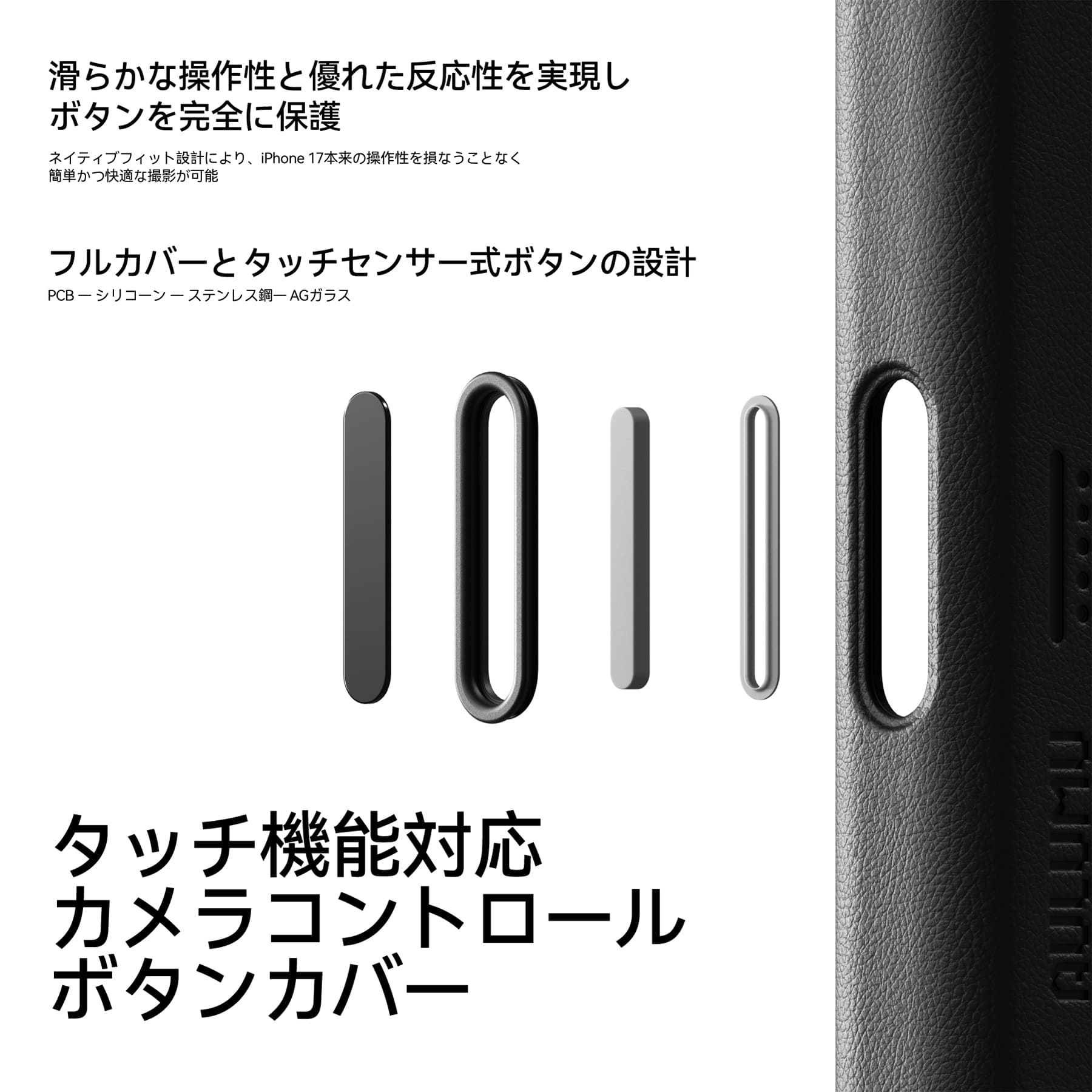 フルカバーとタッチセンサー式カメラコントロールボタンカバーの構造を示すパーツ展開図とケース側面