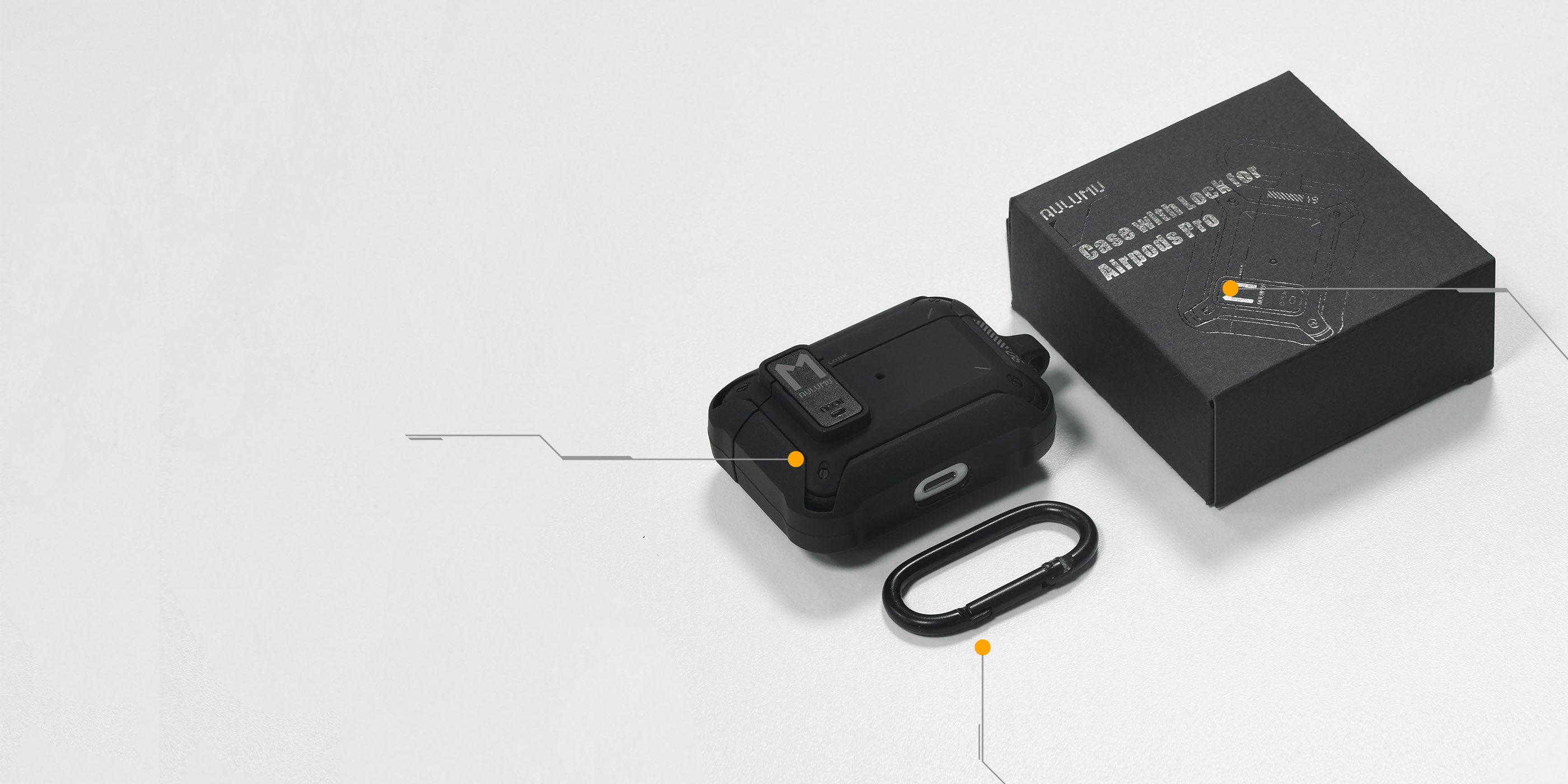 ギフトボックスに入ったaulumu A19 AirPods Pro用ロック付き耐衝撃ケースと付属カラビナのセット内容を並べた商品イメージ プレゼントにも最適なパッケージ