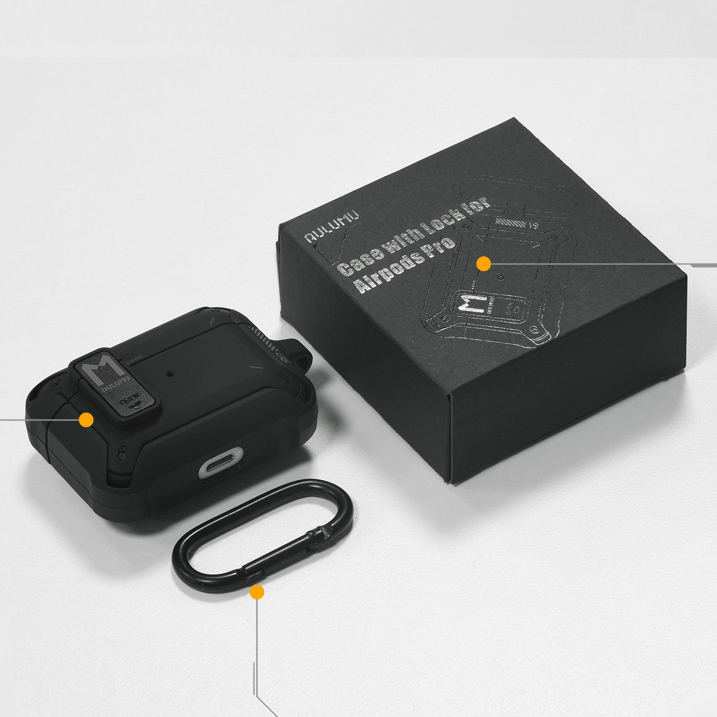 ギフトボックスに入ったaulumu A19 AirPods Pro用ロック付き耐衝撃ケースと付属カラビナのセット内容を並べた商品イメージ プレゼントにも最適なパッケージ