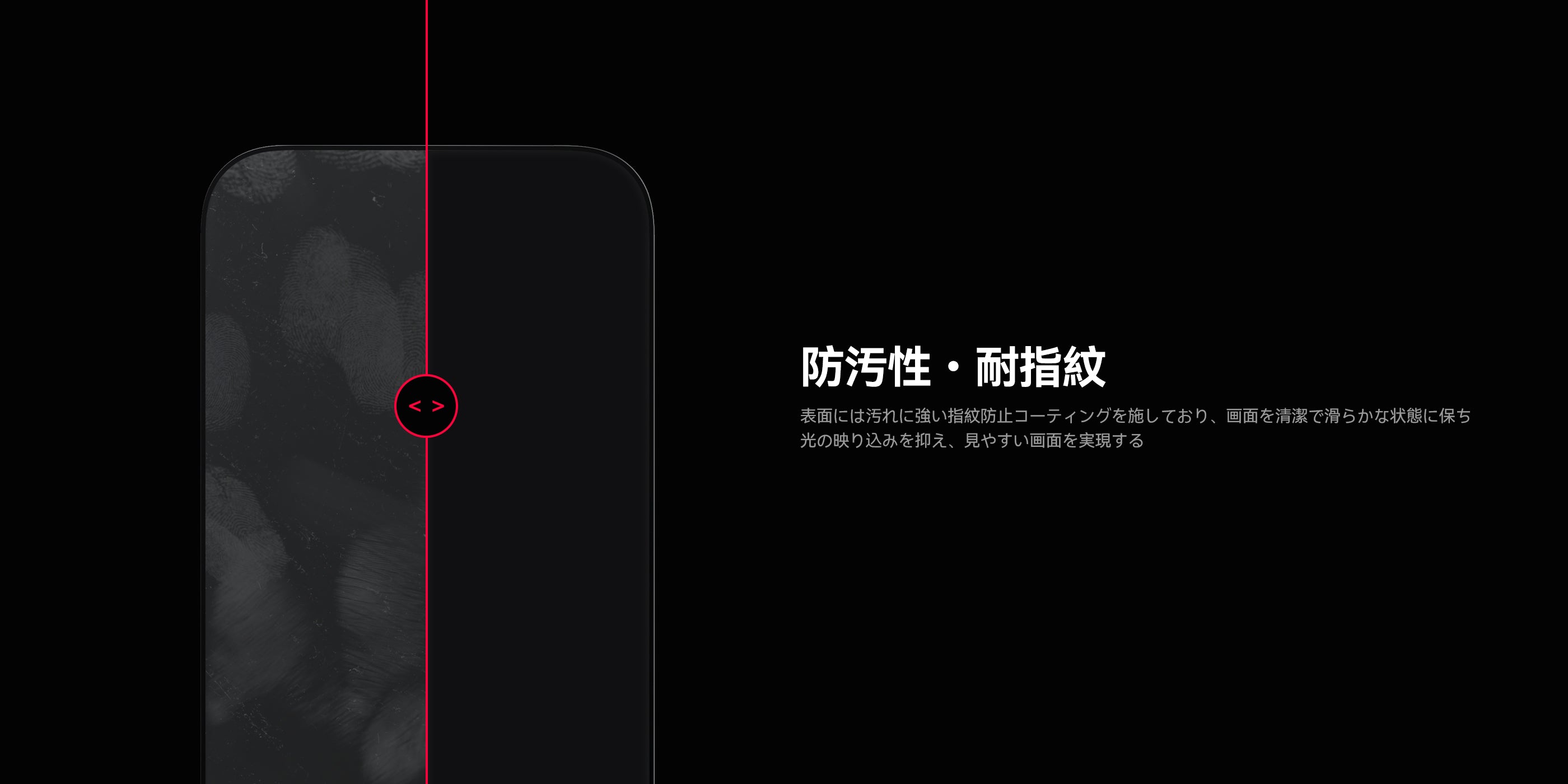 指紋だらけの画面とAF01指紋防止コーティング画面を比較した防汚性・耐指紋性の説明画像