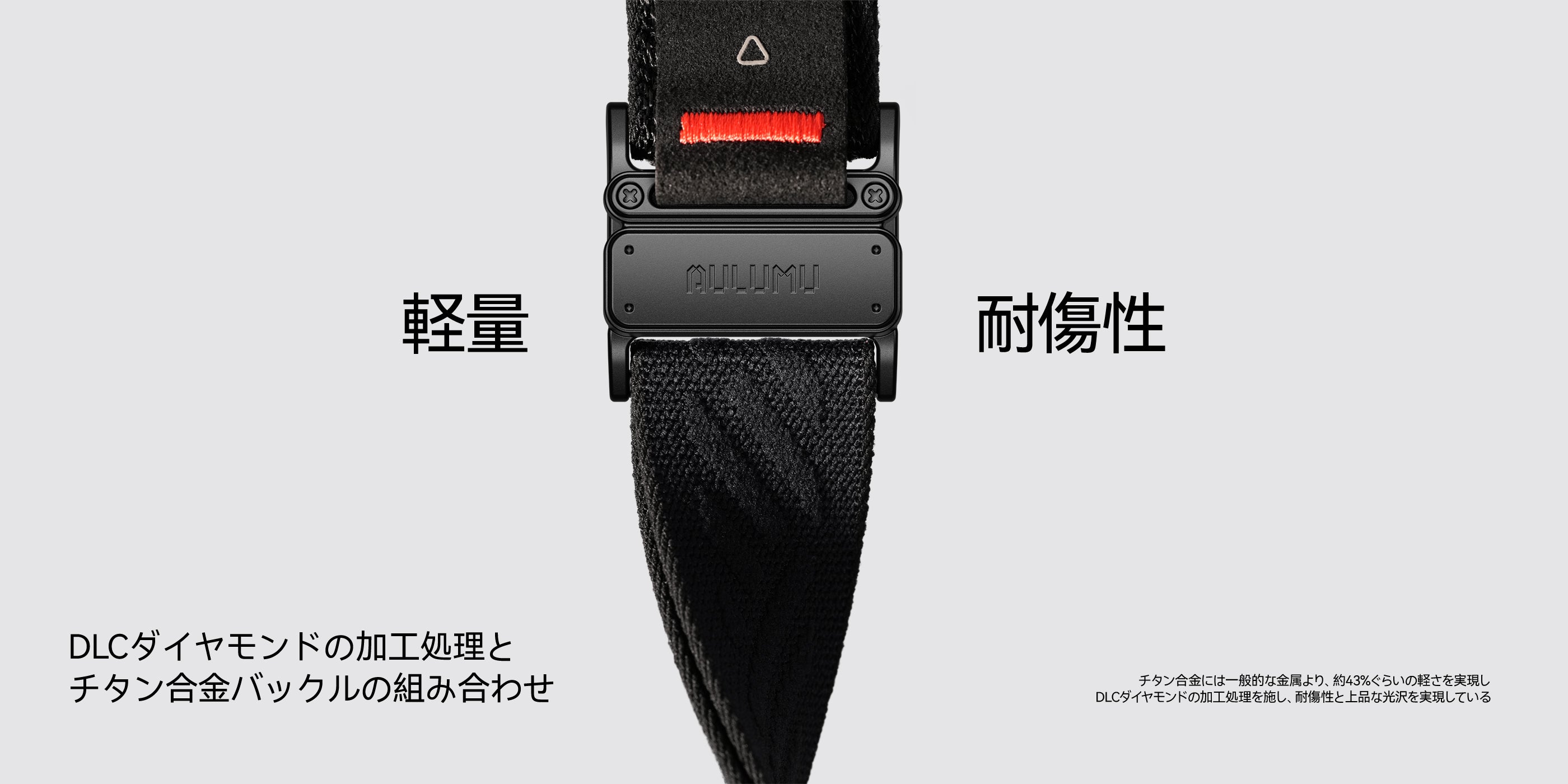 DLCコーティングを施した軽量チタン合金バックルとナイロンストラップの正面アップ