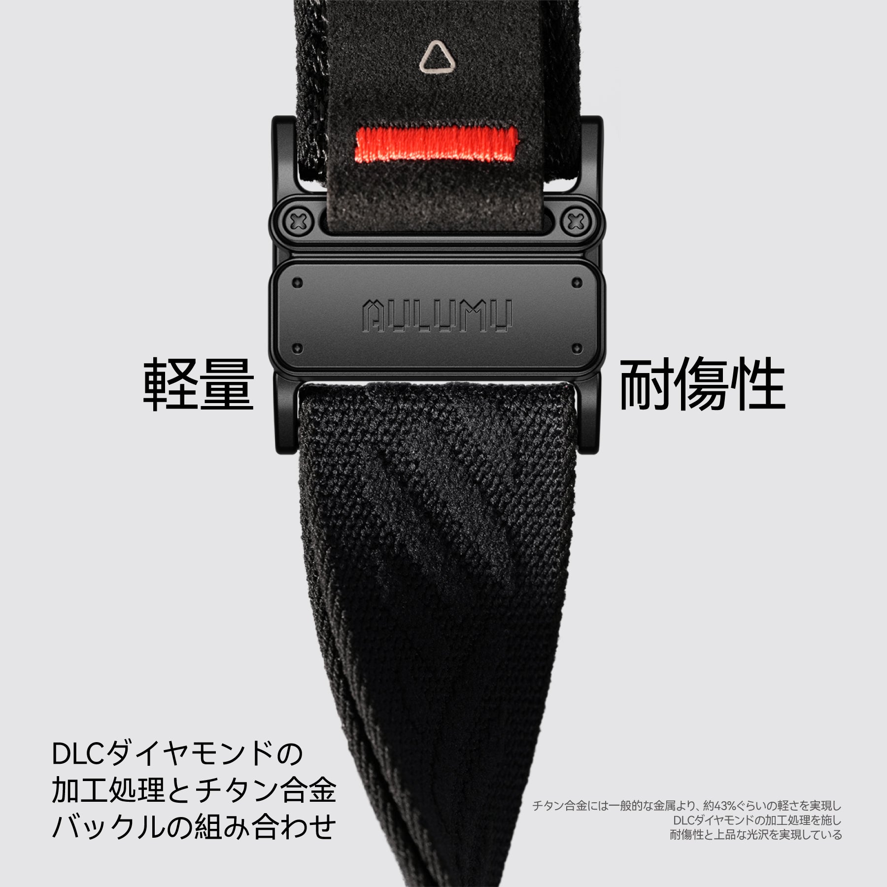DLCコーティングを施した軽量チタン合金バックルとナイロンストラップの正面アップ