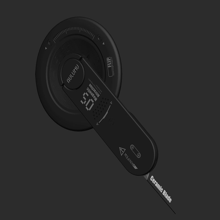 aulumu G05 4-in-1マグネット式スマホスタンド ブラック本体のクローズアップ 隠しセラミックナイフを引き出した状態で多機能デザインを強調
