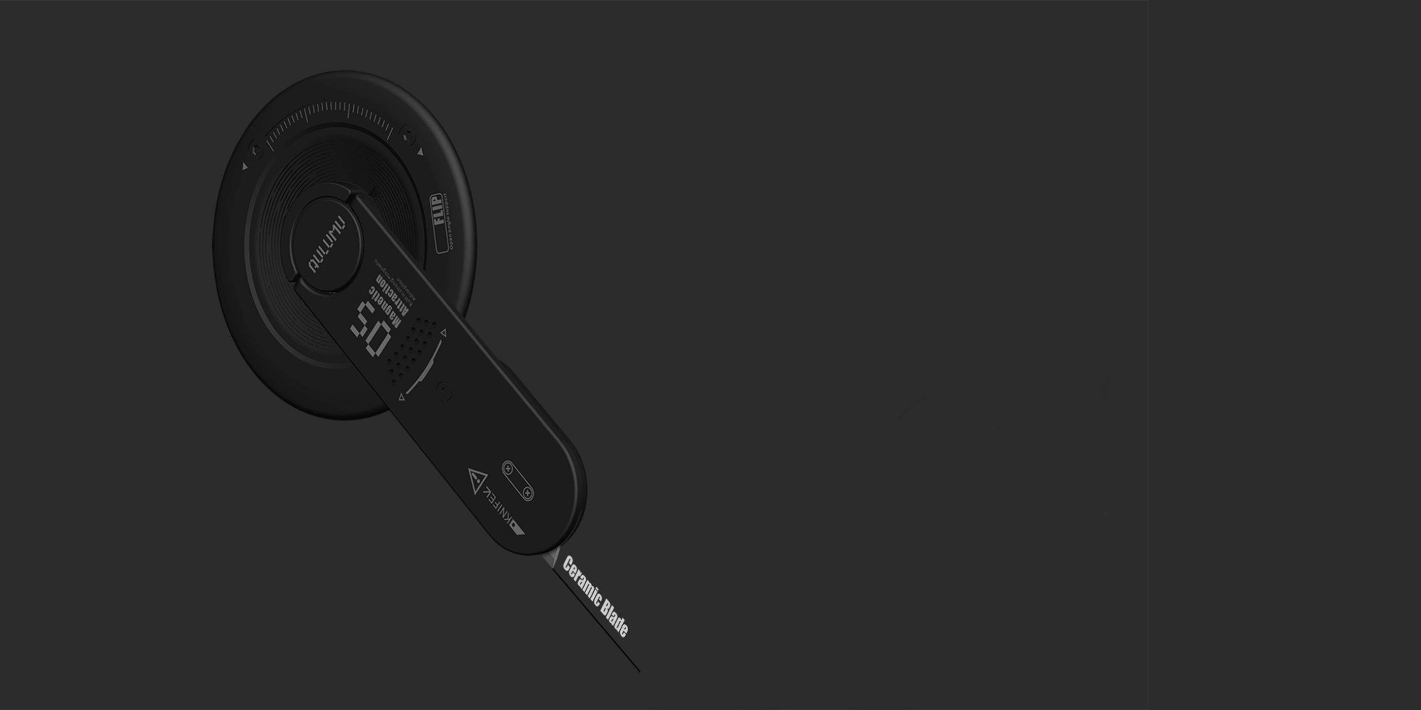 aulumu G05 4-in-1マグネット式スマホスタンド ブラック本体のクローズアップ 隠しセラミックナイフを引き出した状態で多機能デザインを強調