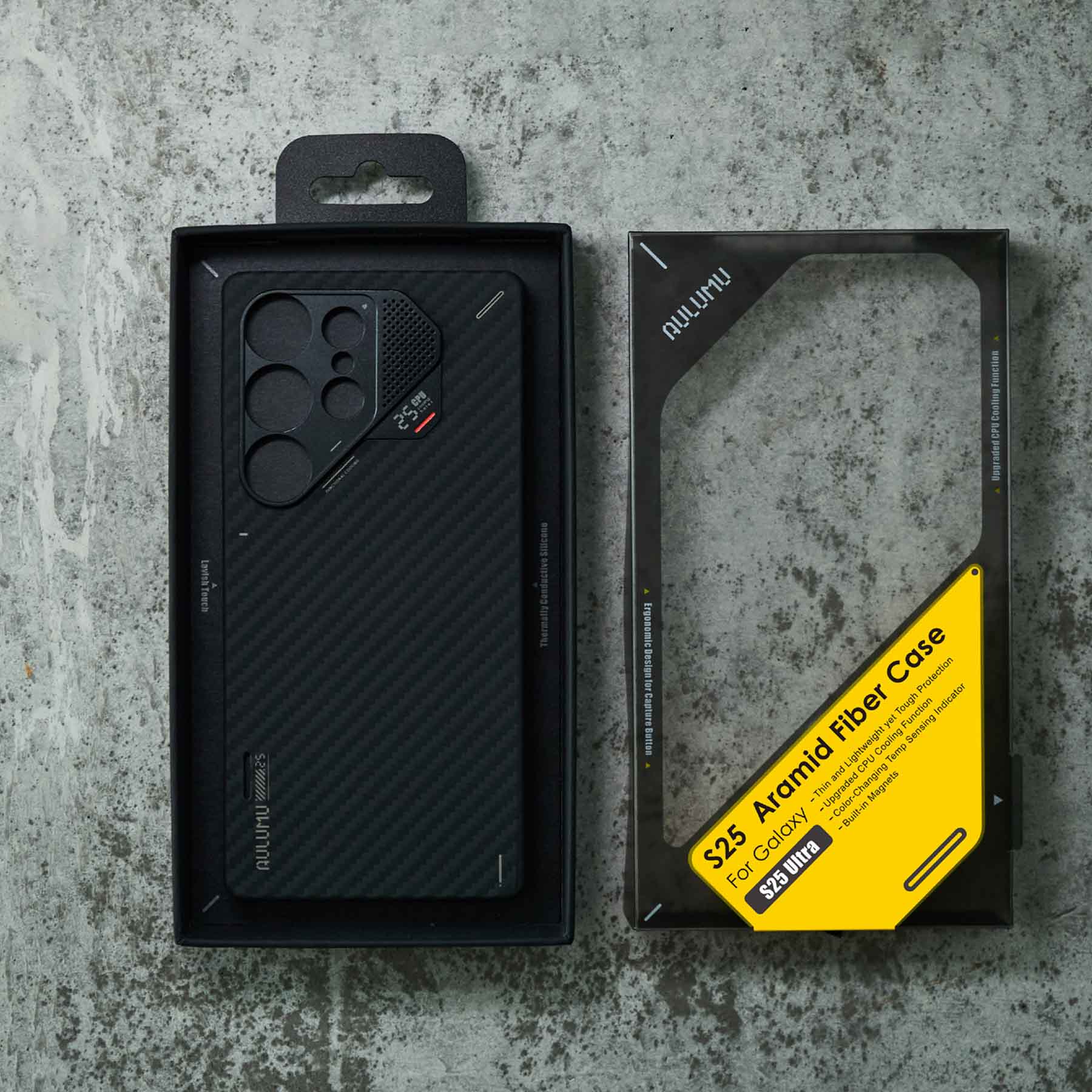 aulumu Galaxy S25 Ultra用S25 Aramid Fiber Caseのパッケージ内容 ケース本体がボックスに収められたトップビュー