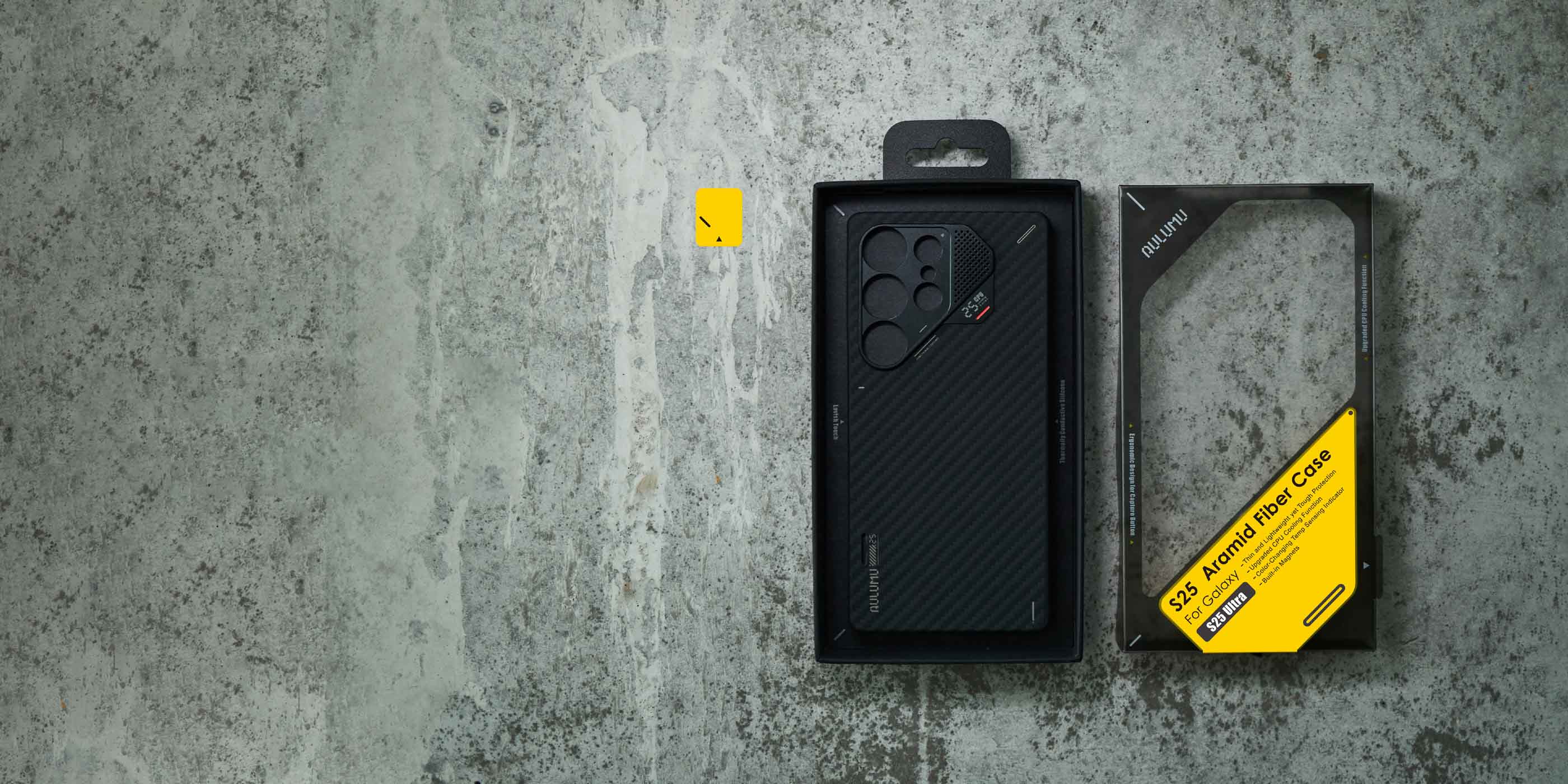 aulumu Galaxy S25 Ultra用S25 Aramid Fiber Caseのパッケージ内容 ケース本体がボックスに収められたトップビュー