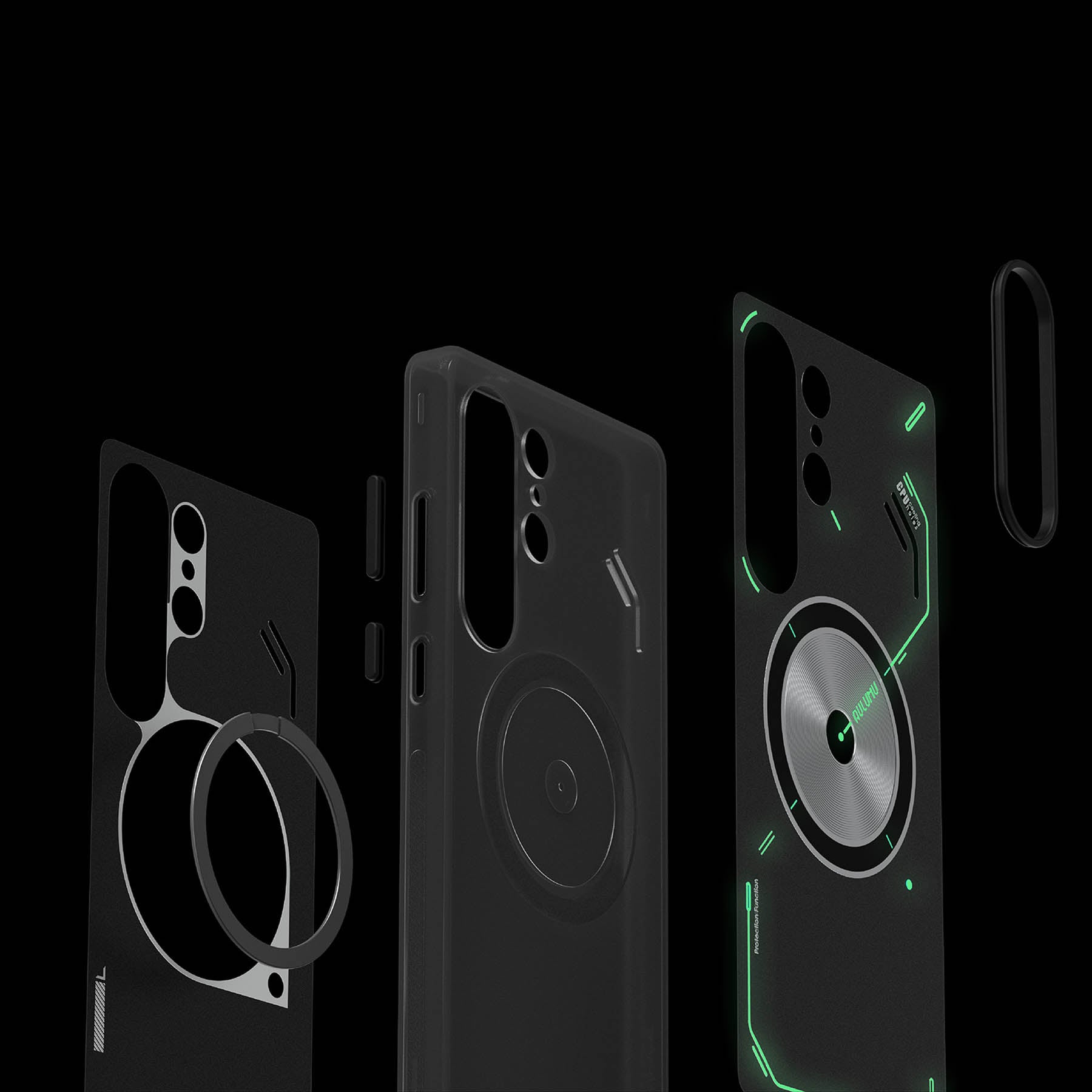 aulumu Galaxy S25 Ultra用S25 Frosted Caseの分解イメージ 両面IMD成形パネルと内蔵マグネットリング構造を示したテクニカルレンダリング