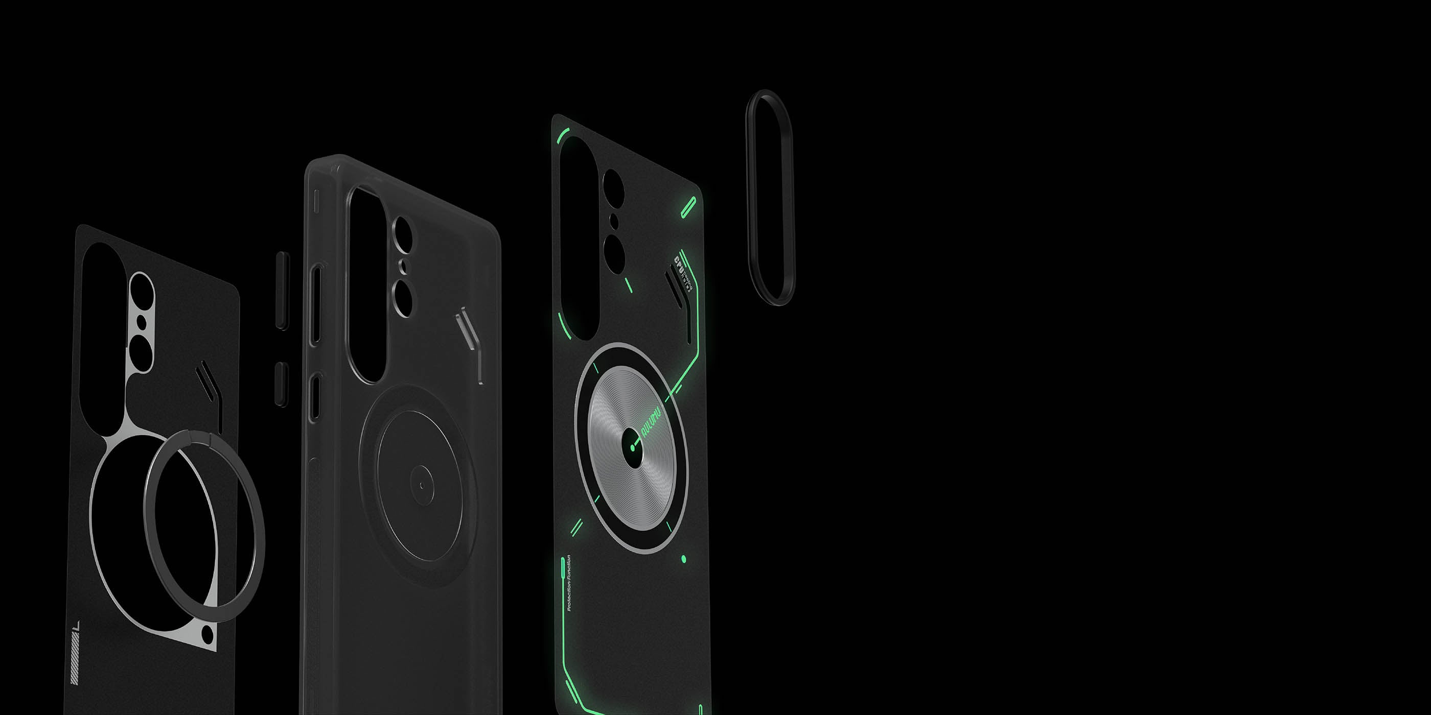 aulumu Galaxy S25 Ultra用S25 Frosted Caseの分解イメージ 両面IMD成形パネルと内蔵マグネットリング構造を示したテクニカルレンダリング