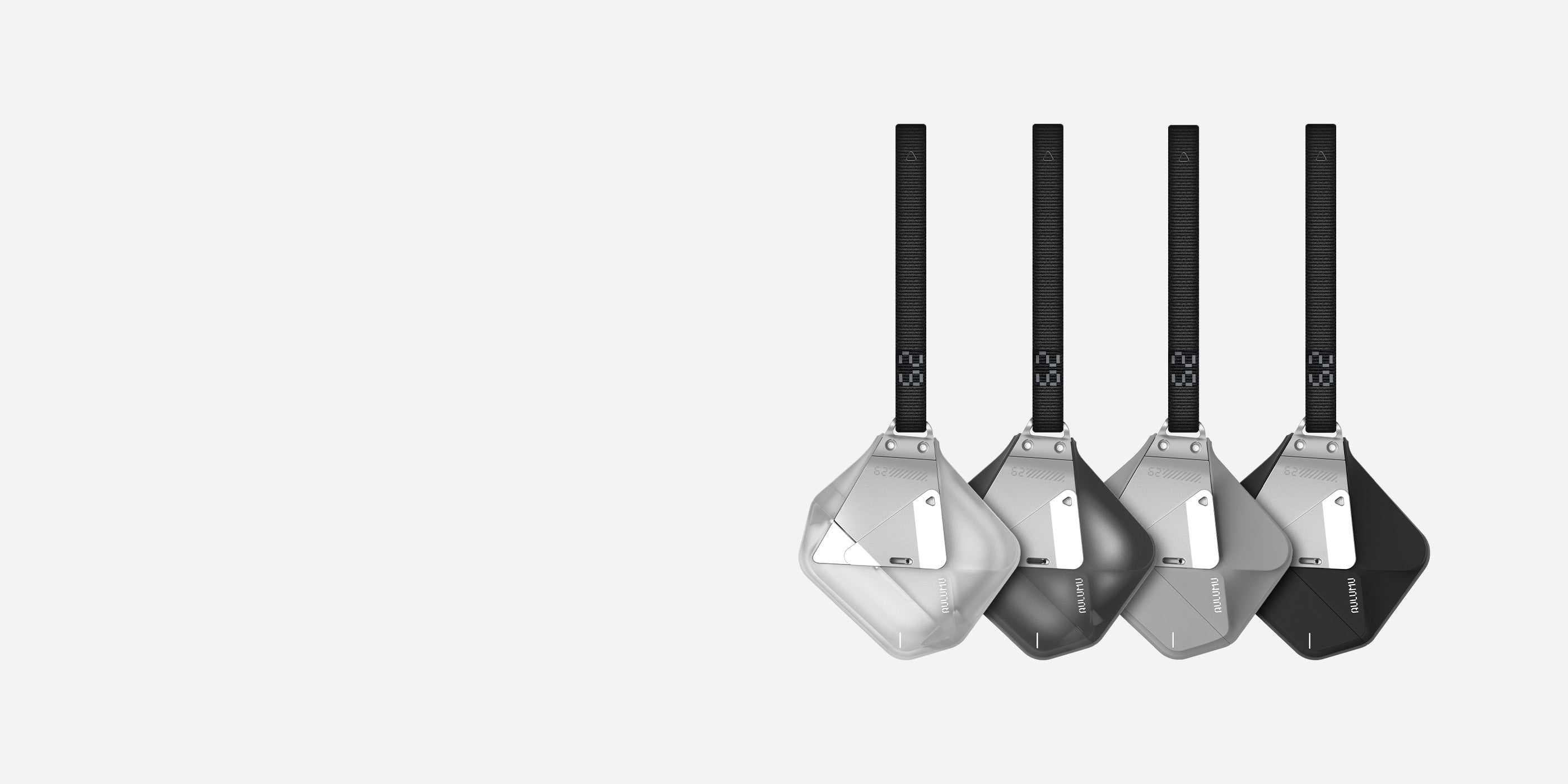 ストラップ付きA29 AirPods 4ジオメトリックケース4色展開（クリア・グレー・ホワイト・ブラック）の並び